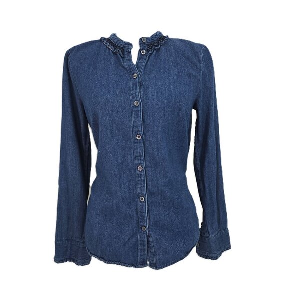 Boden Caitlin Smocked Indigo Denim Chambray Button Down Top Women Size 6 - Picture 2 of 8